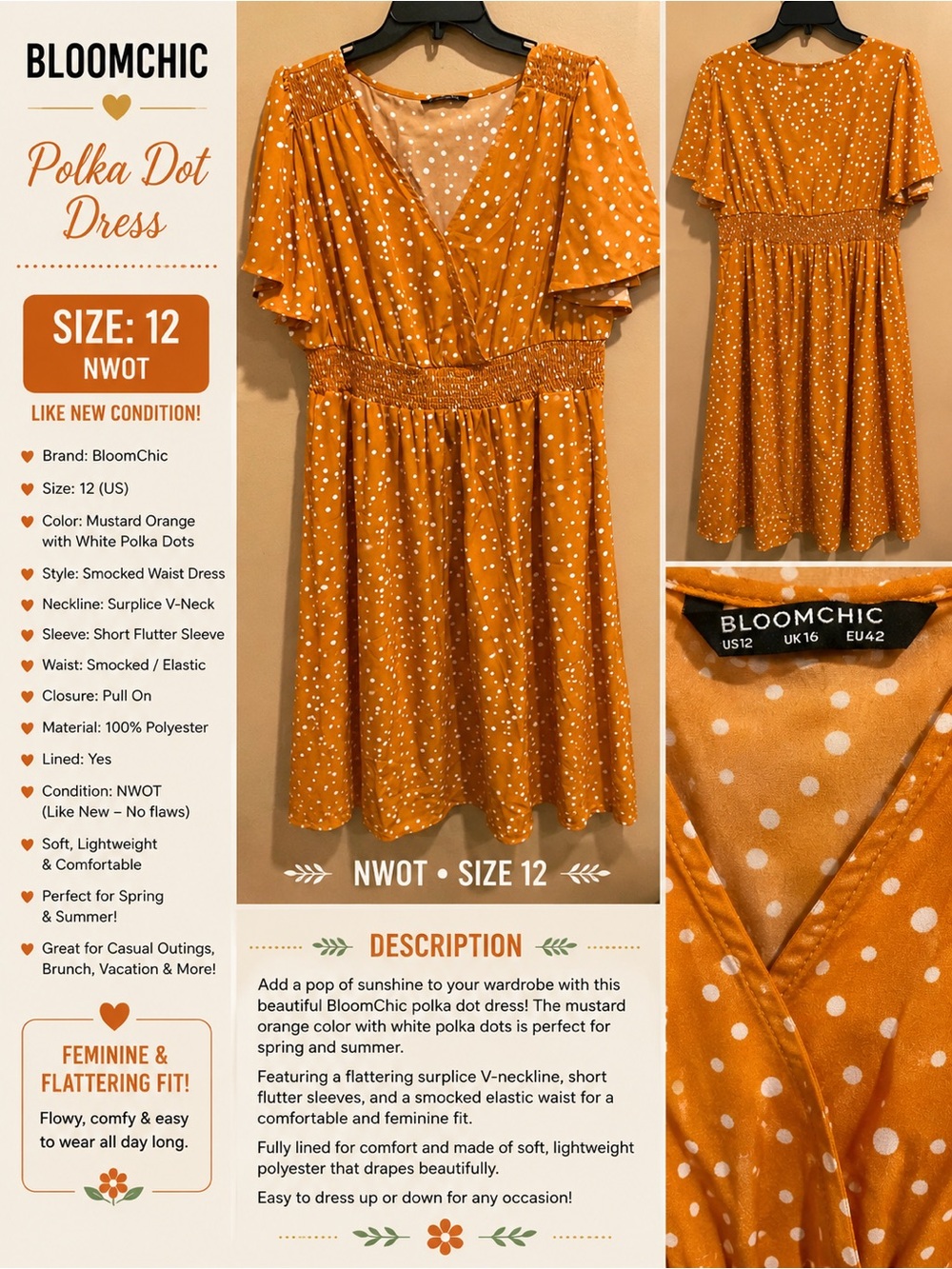 BloomChic Mustard Orange Polka Dot Smocked Waist Mini Dress
